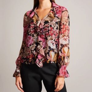 Ted Baker Cristii Floral Blouse With Ruffled Front